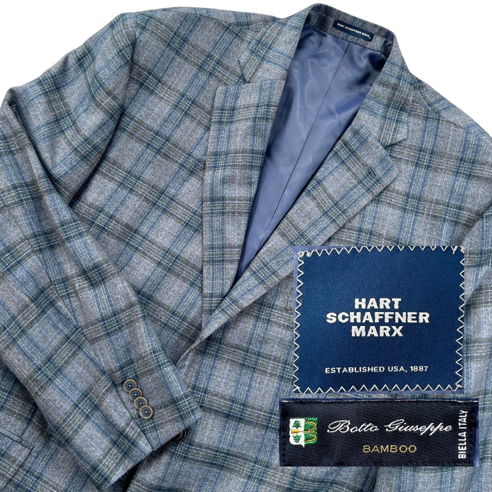 Hart Schaffner Marx Sport Coat Men 48R Blue Plaid Bamboo Chicago Fit Blazer